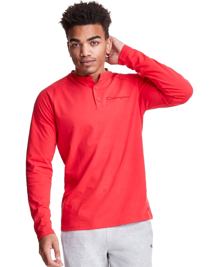 Champion Long Sleeve Henley Red T-Shirt Mens - South Africa SITOYZ067